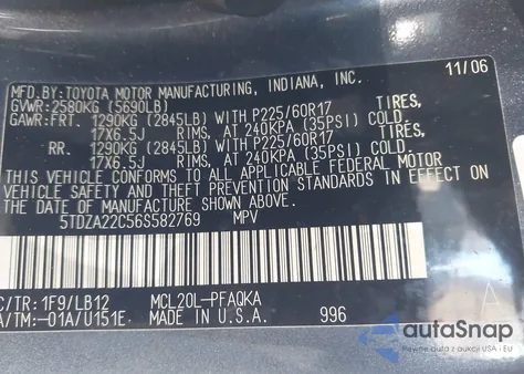 2006 Toyota Sienna Xle Limited из США, поврежденный, VIN 5TDZA22C56S582769